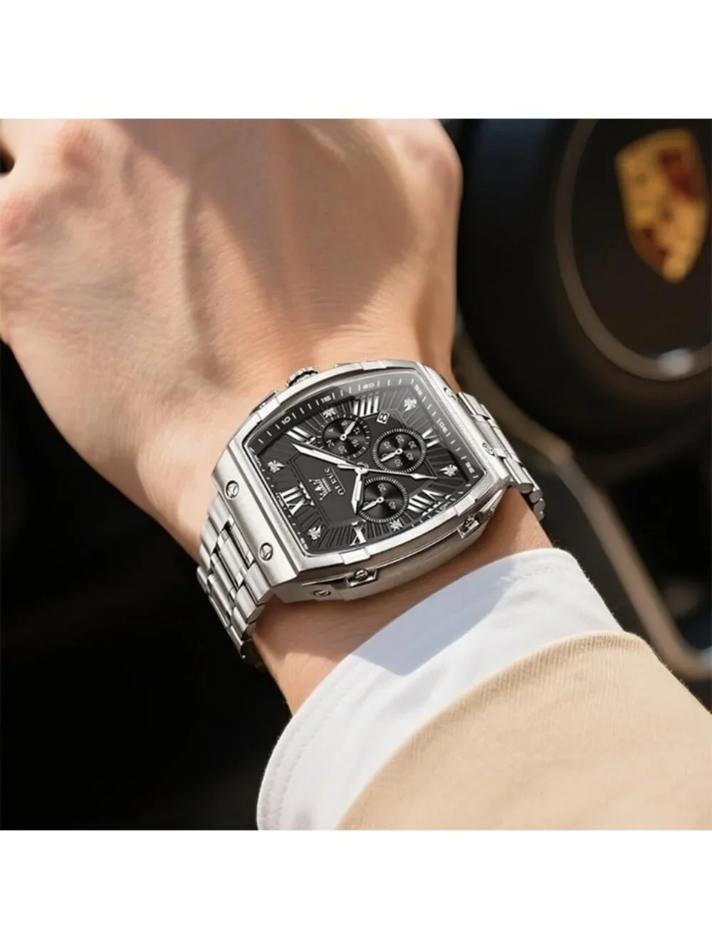 Men's Silver Black Chronograph Rectangle Stainless Steel Luminous Classic Watch